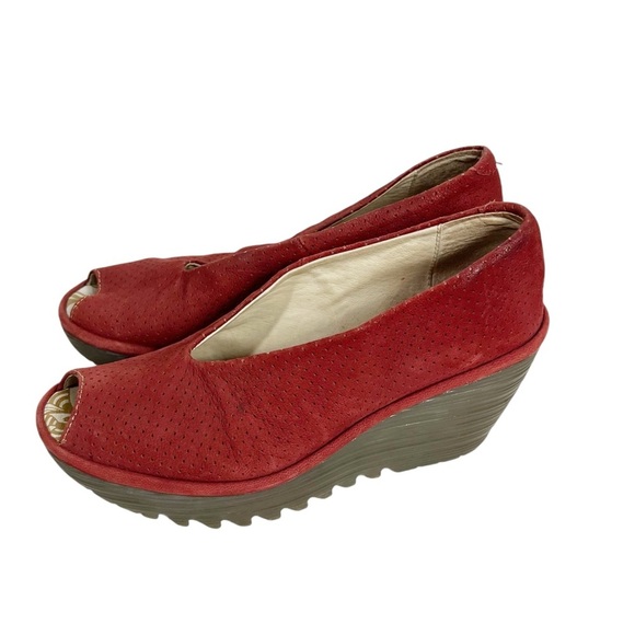 FLY LONDON Yury Peep Toe Orange perforated Suede Wedge Sandal Size 36/6 - Picture 2 of 8